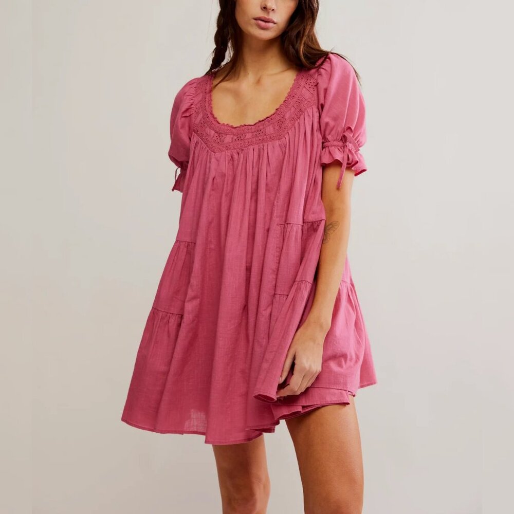 Free People Fuchsia Smocked-Yoke Mini Dress - Picture 2 of 6